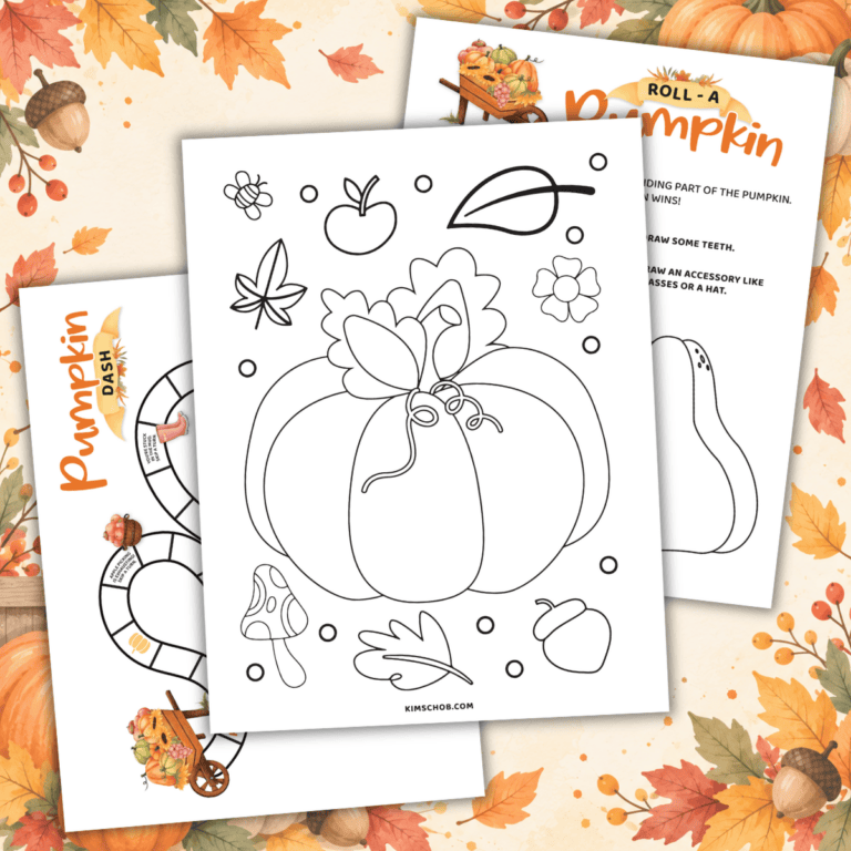 Pumpkin coloring page with autumn leaves, mushroom, and acorn decorations.