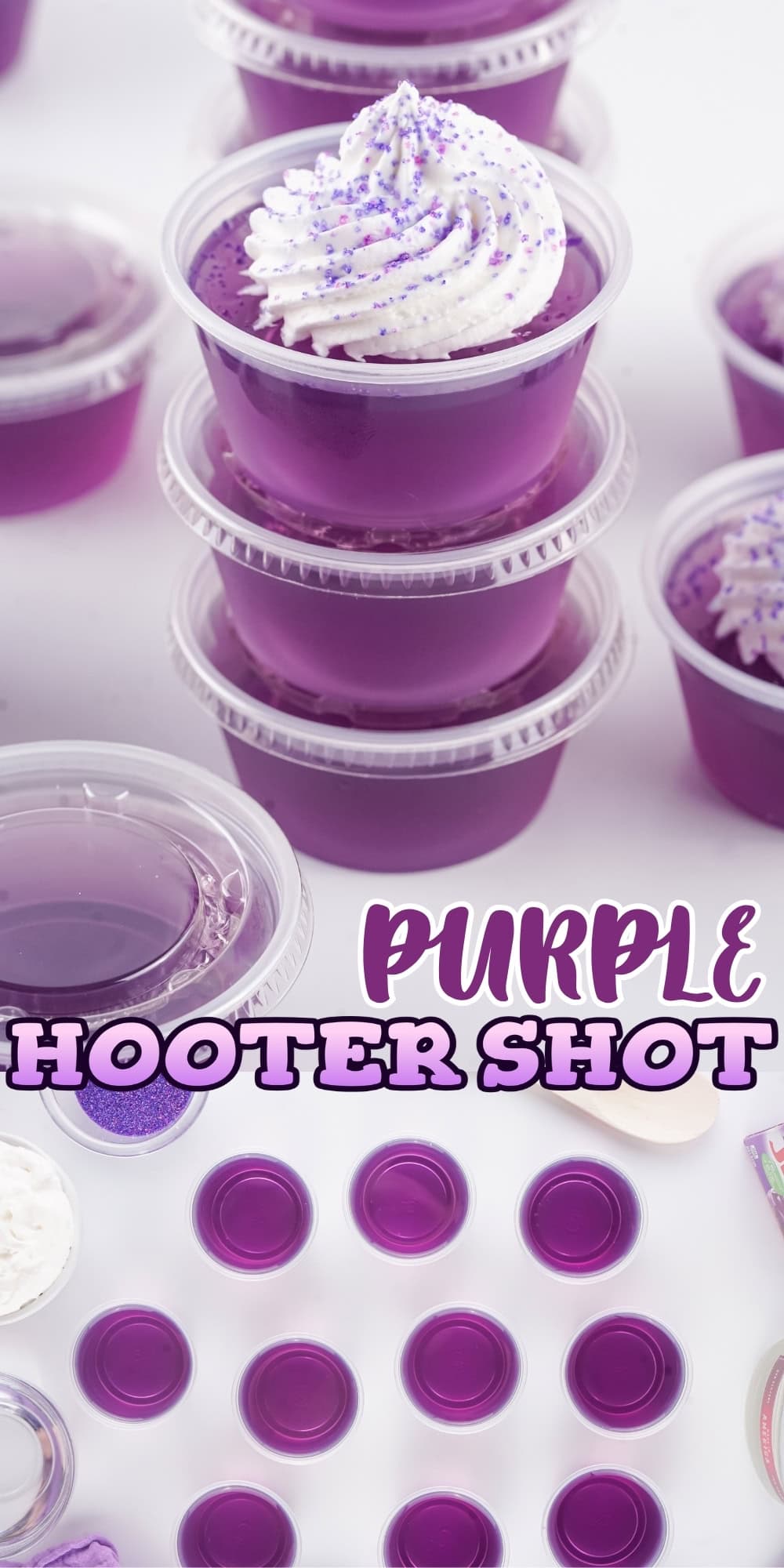 Stacks of purple gelatin shots with whipped cream and sprinkles on top.