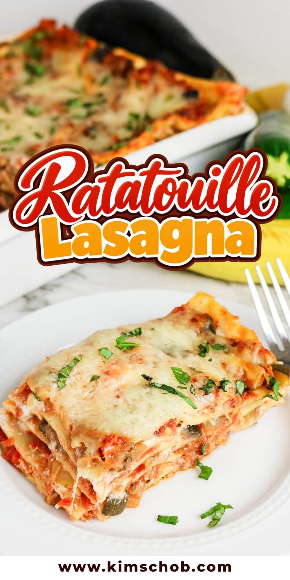 Slice of cheesy ratatouille lasagna on plate, casserole dish in background.