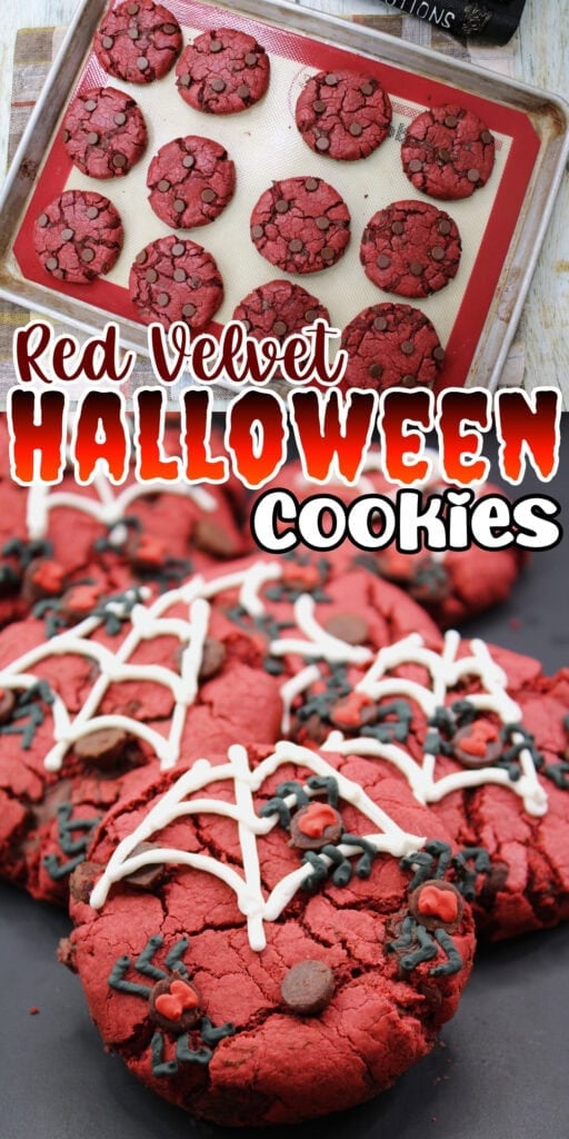 Red velvet cookies decorated with white and black icing.