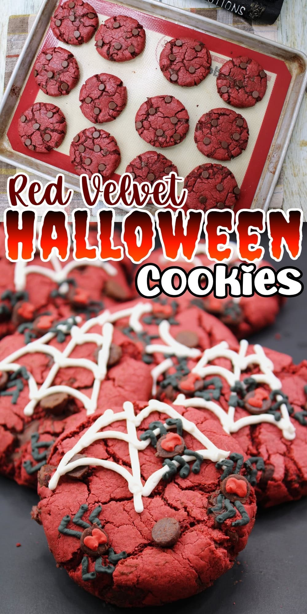 Red velvet cookies decorated with white and black icing.