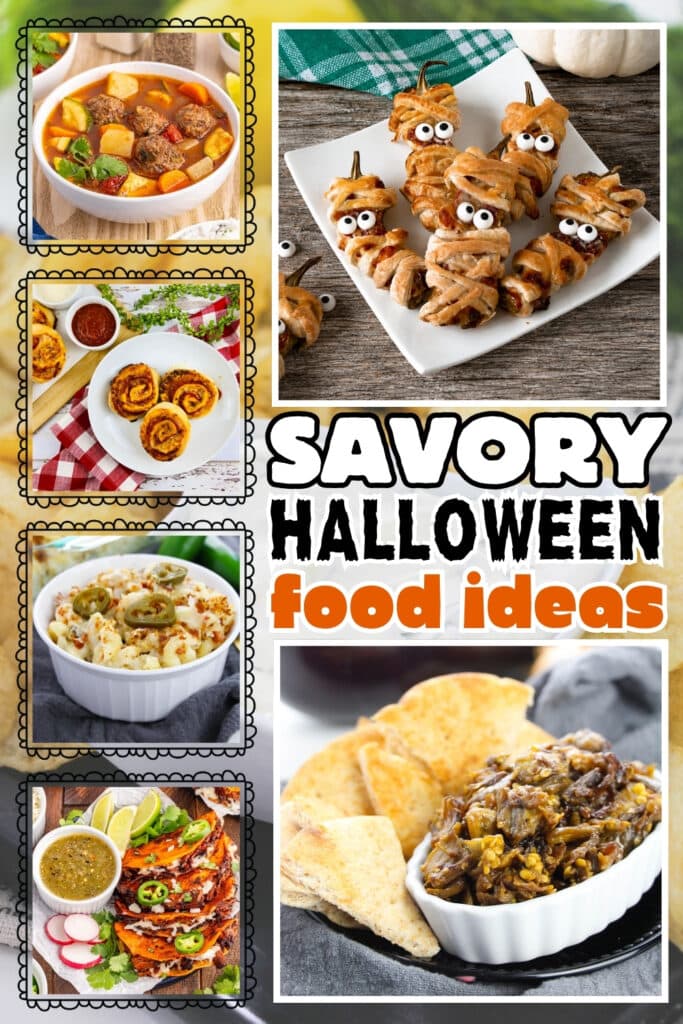 Halloween food dishes, including mummies and festive snacks.