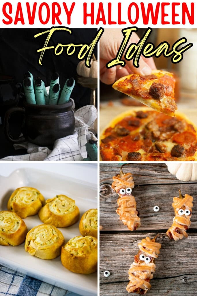 Four Halloween-themed savory foods, including pizza, swirls, and mummy skewers.