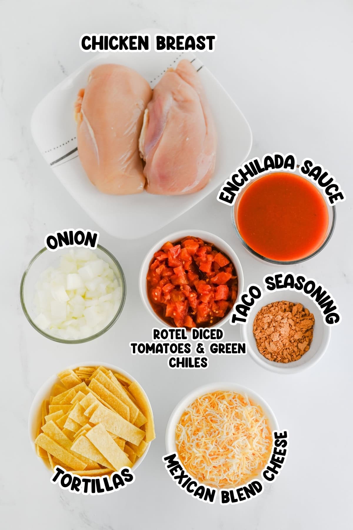 Chicken, enchilada sauce, taco seasoning, diced onion, Rotel, tortillas, cheese.