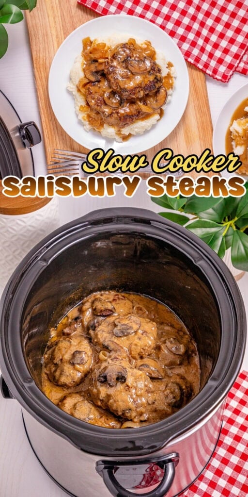 Salisbury steaks with gravy in a slow cooker and served on a plate with onions.