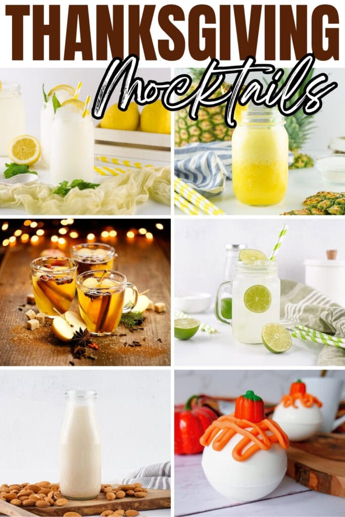 Six non-alcoholic Thanksgiving drinks, including lemon, apple, lime, and milk.