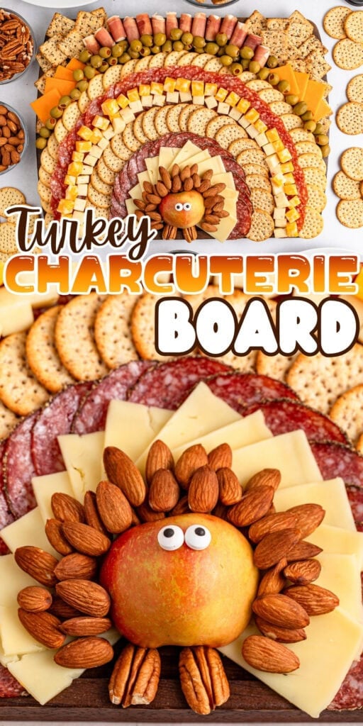 Charcuterie board with turkey shape made from apple, cheese, nuts, and crackers.