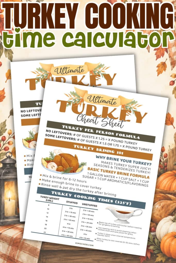 Turkey cooking time calculator and cheat sheet with autumn decorations.