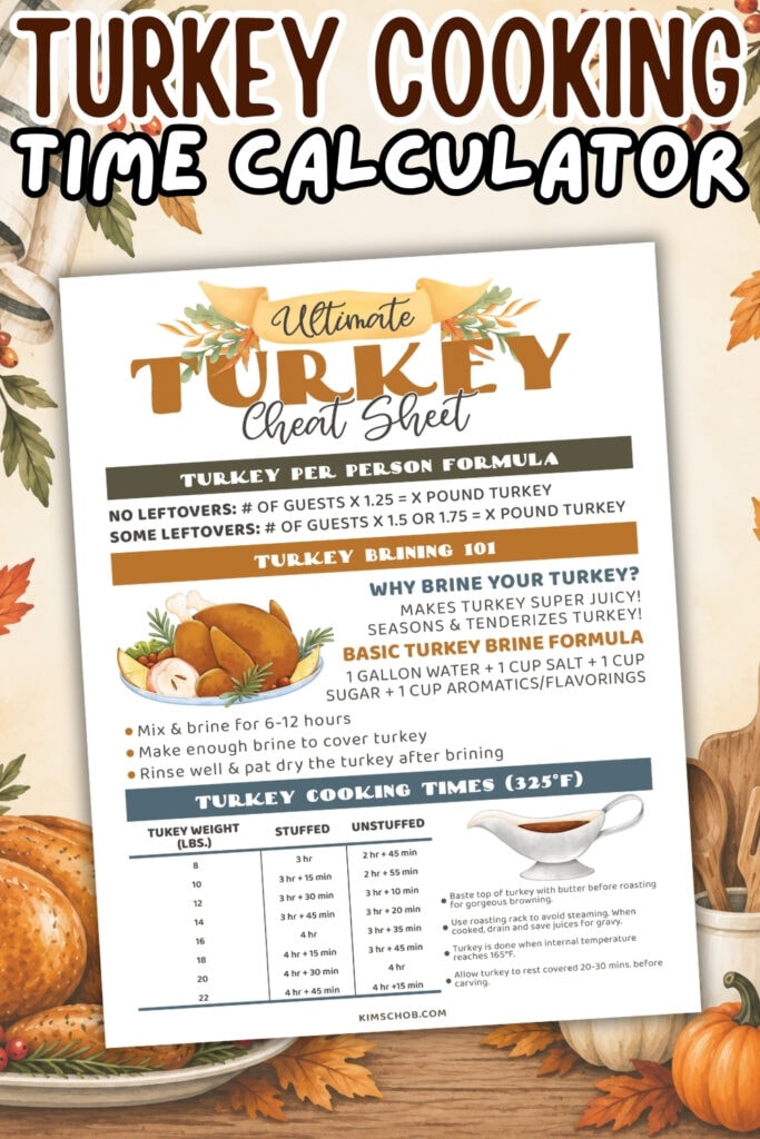 Turkey cooking cheat sheet with formulas, brine tips, and cooking time chart.