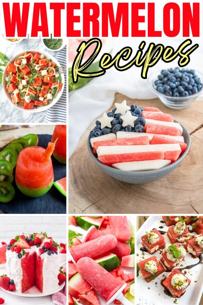 Watermelon dishes: salads, popsicles, cakes, and a watermelon drink.