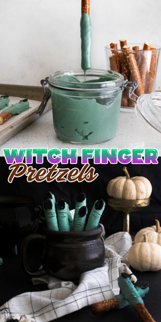 Jar of green dip and pretzel sticks styled as witch fingers with pumpkins.