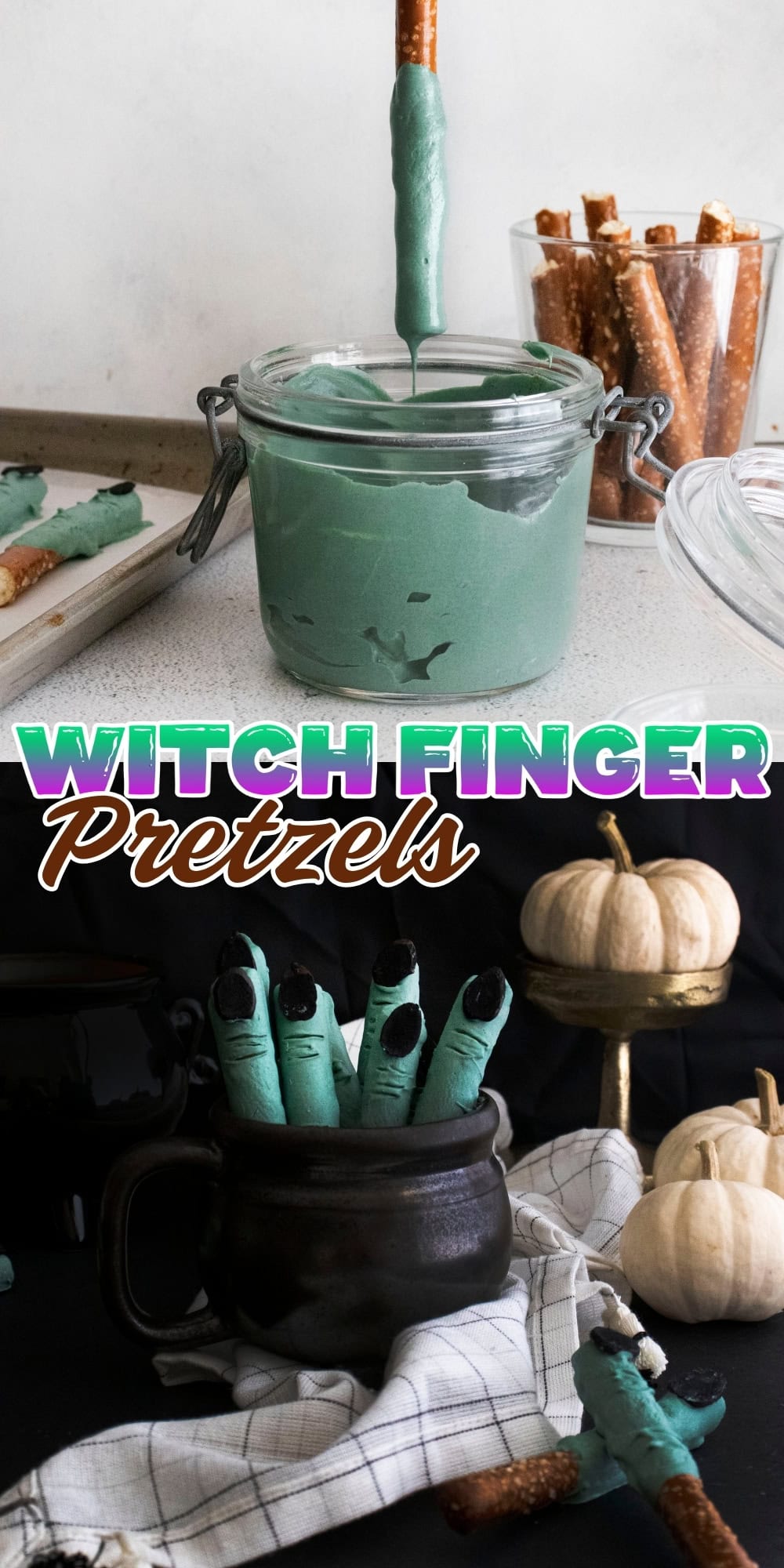 Jar of green dip and pretzel sticks styled as witch fingers with pumpkins.