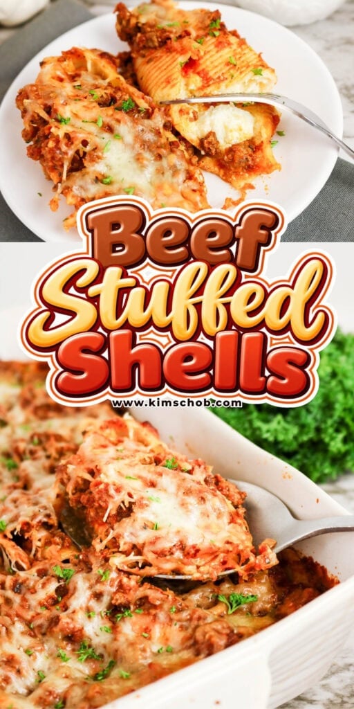 Baked beef stuffed shells with melted cheese and a fork.
