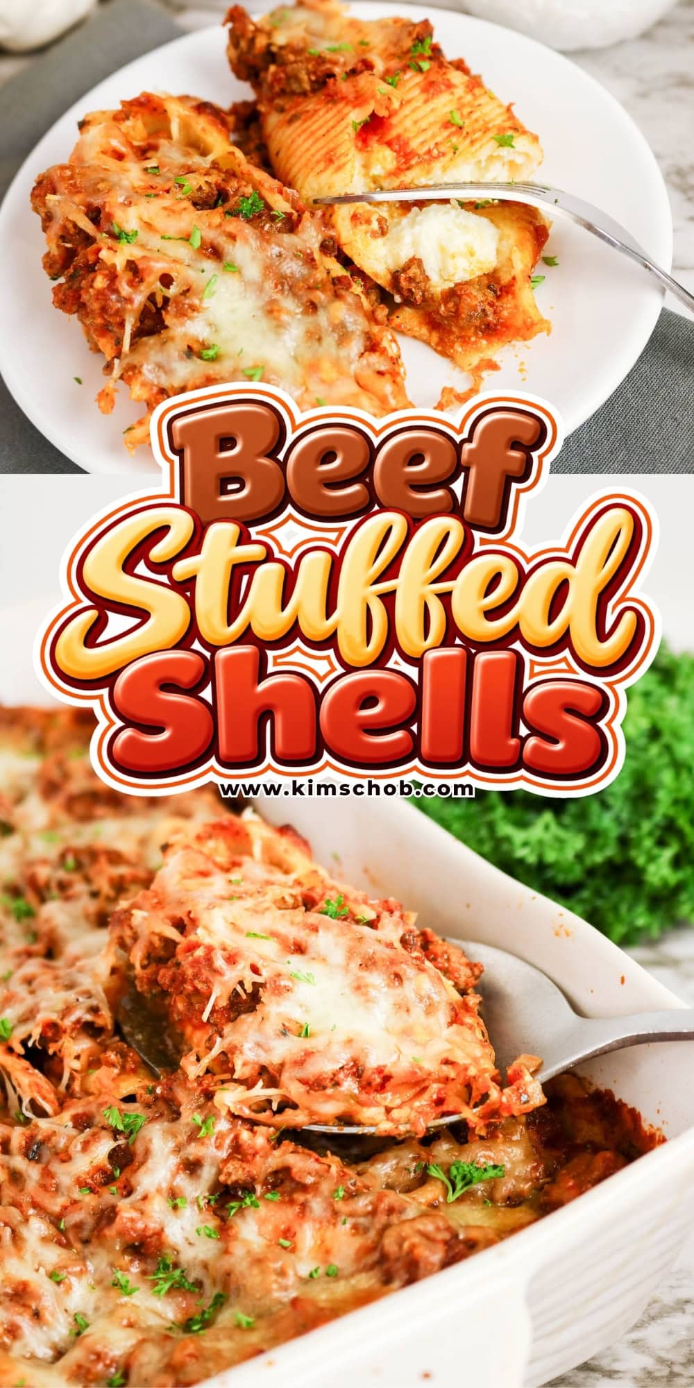 Baked beef stuffed shells with melted cheese and a fork.