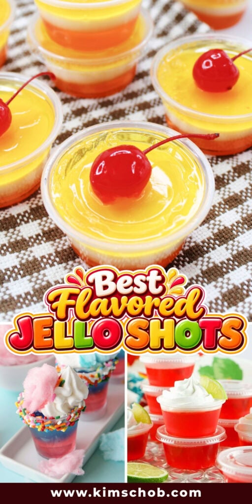 Assorted colorful Jell-O shots topped with fruit and whipped cream.