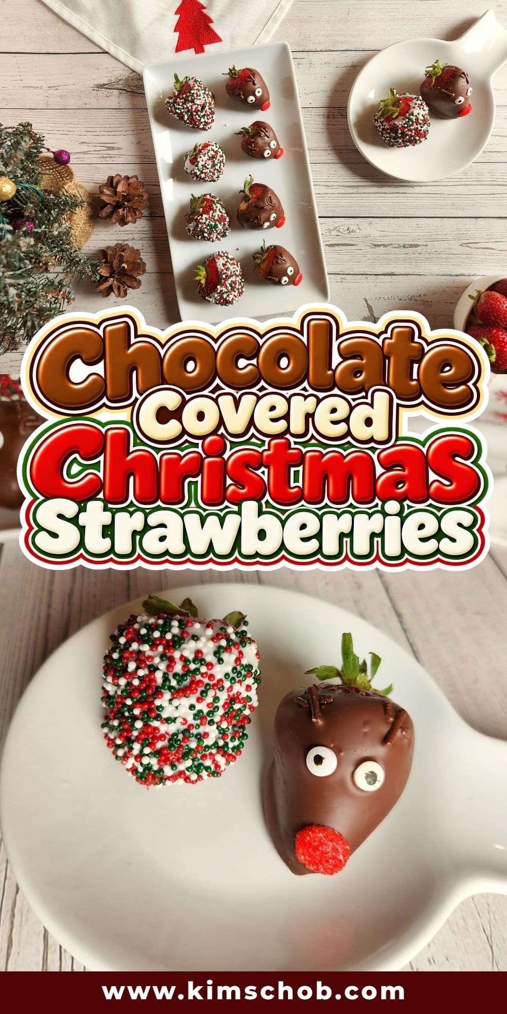 Chocolate-covered strawberries decorated as reindeer and with holiday sprinkles.
