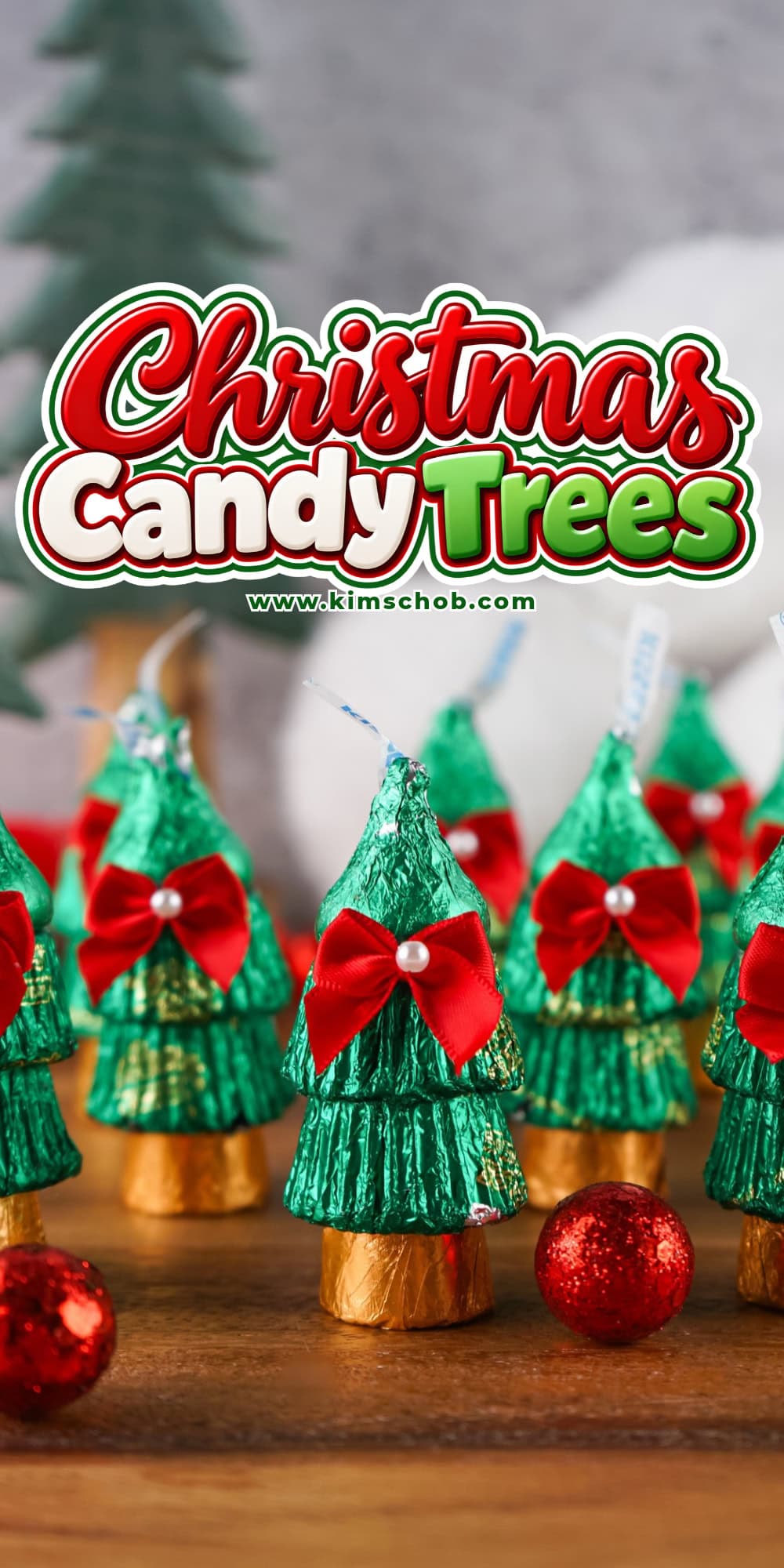 Chocolate Christmas tree candies wrapped in green foil with red bows.