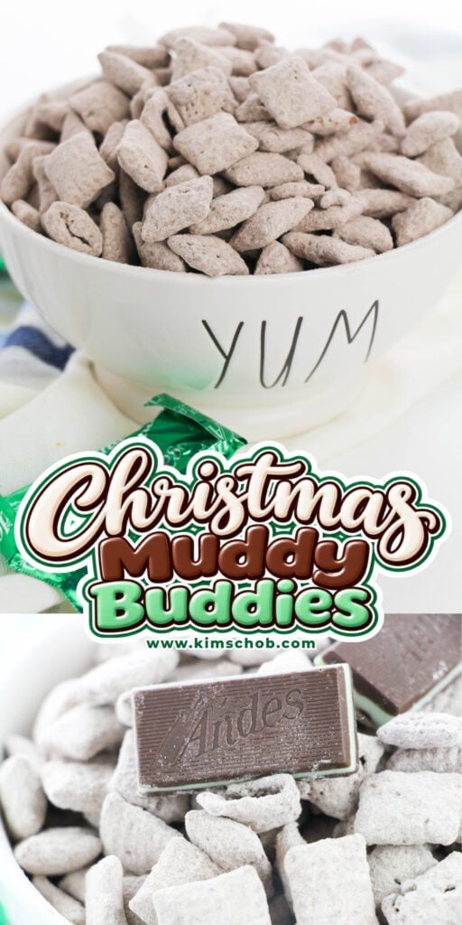 Bowl of Christmas Muddy Buddies cereal topped with an Andes mint chocolate.