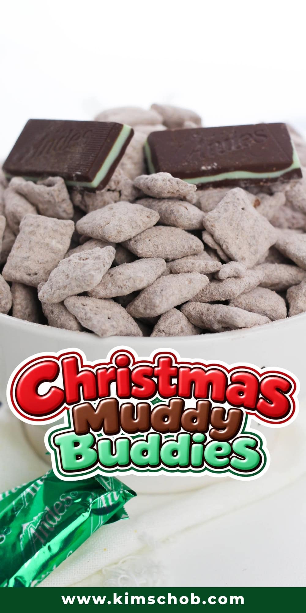 A bowl of chocolate-covered cereal topped with two Andes mints.