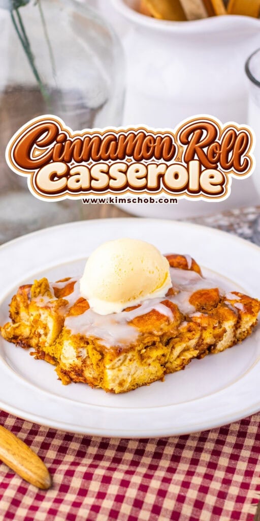 A serving of cinnamon roll casserole topped with a scoop of vanilla ice cream.