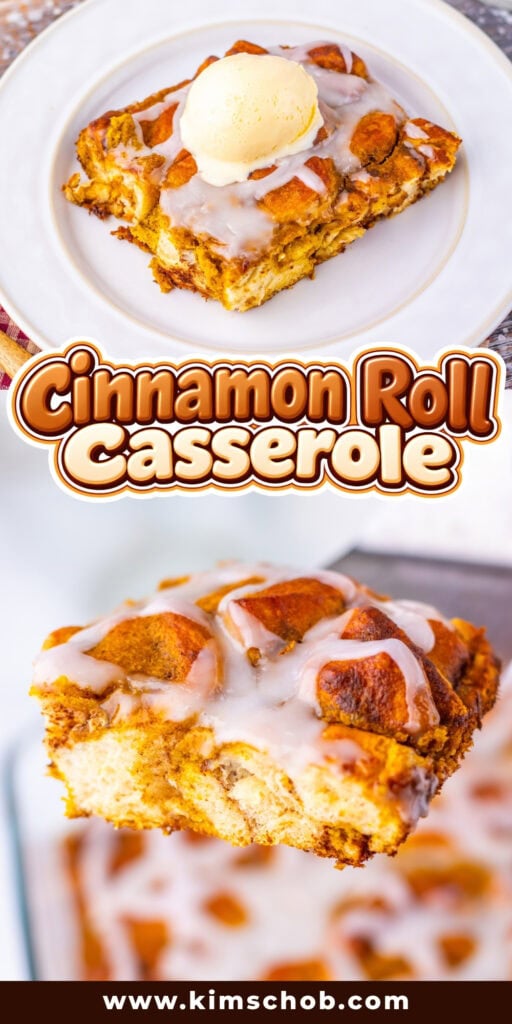 Cinnamon roll casserole topped with icing and a scoop of vanilla ice cream.