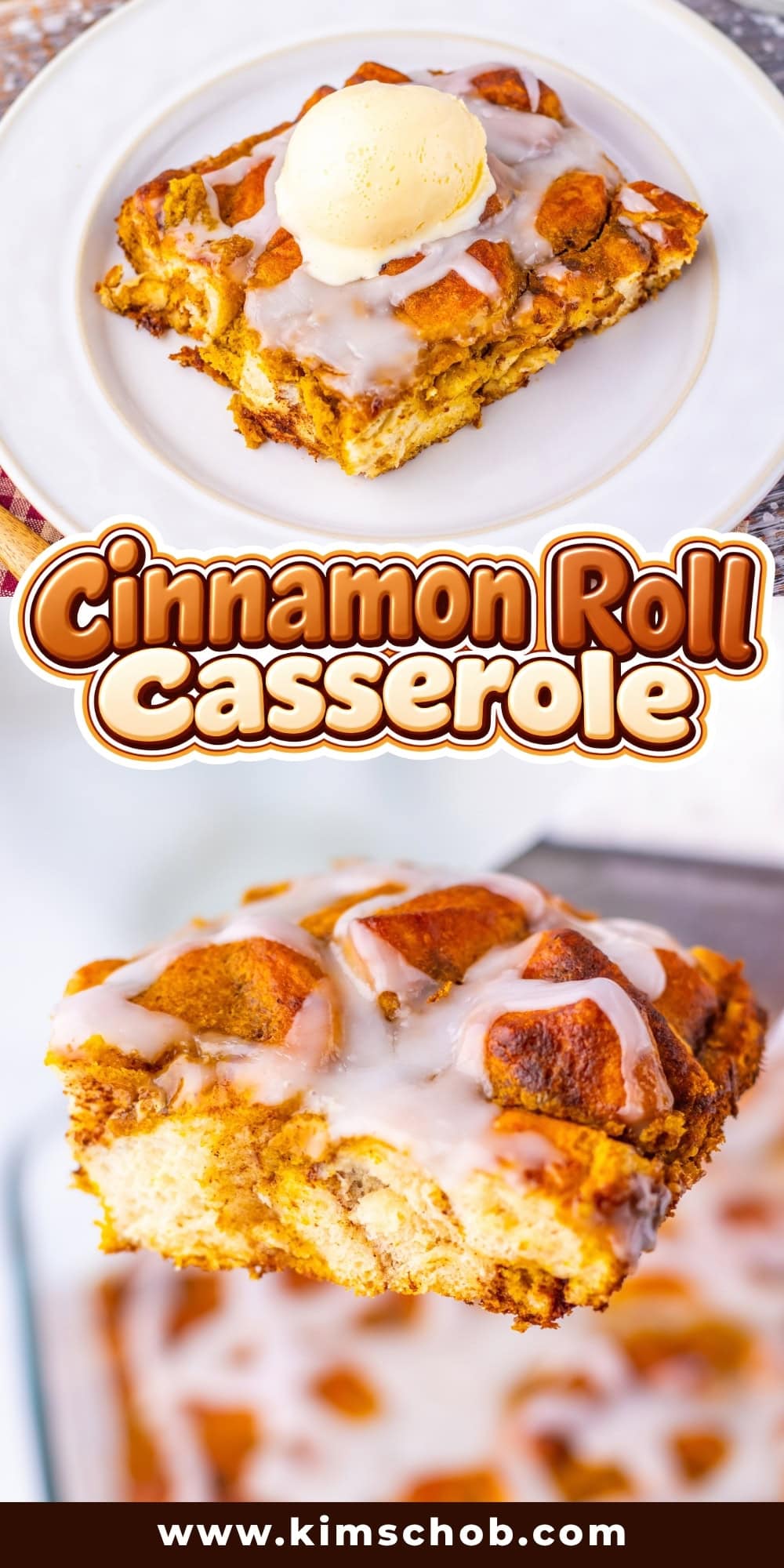 Cinnamon roll casserole topped with icing and a scoop of vanilla ice cream.