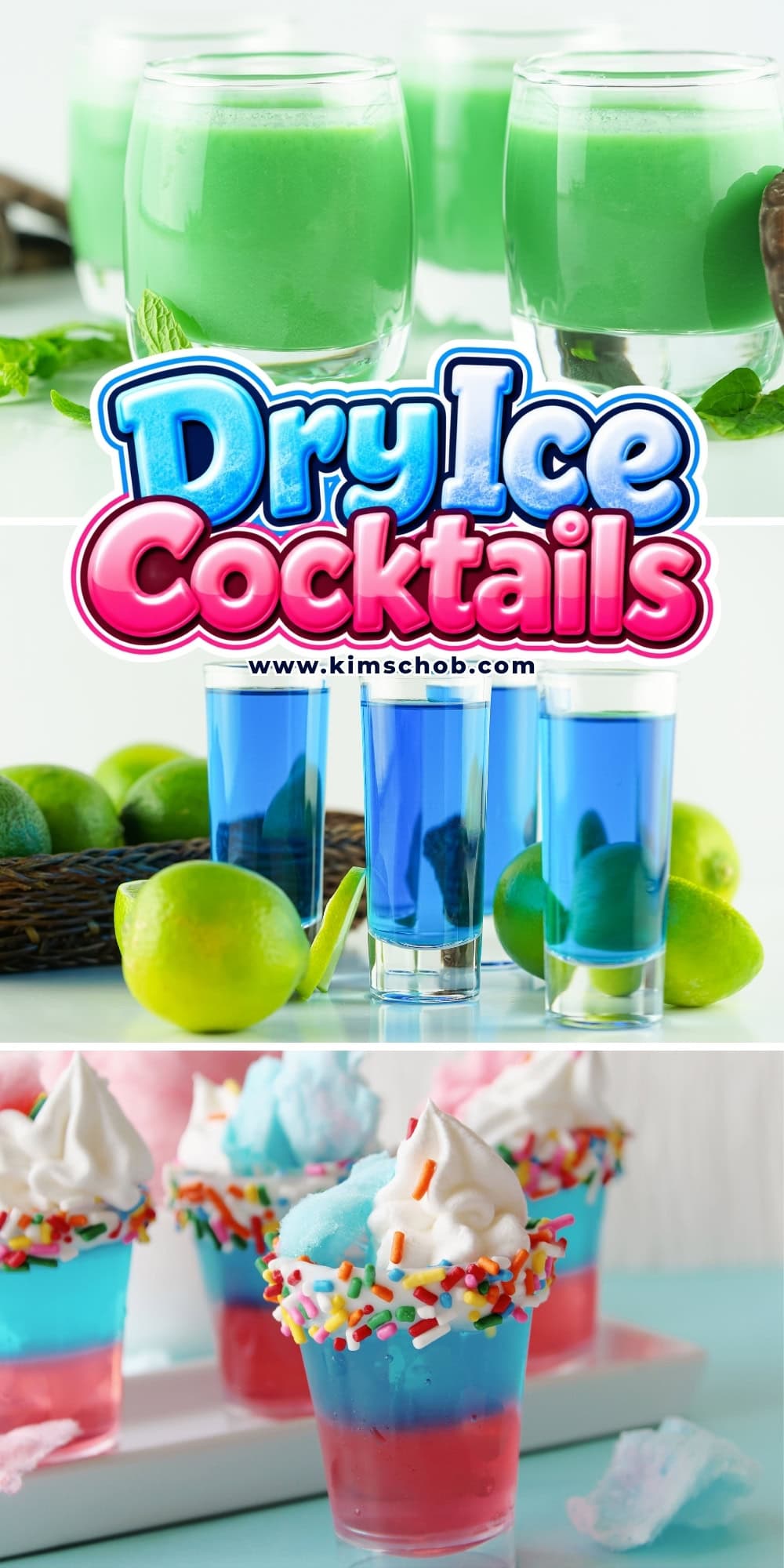 Three types of colorful cocktails, including green, blue, and layered drinks.