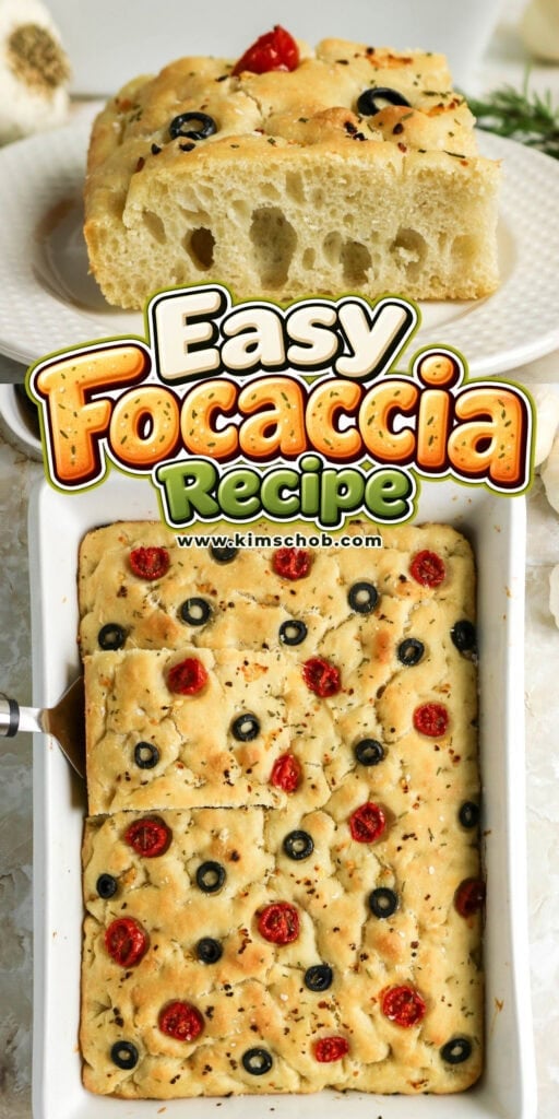 A tray of focaccia topped with olives and cherry tomatoes.