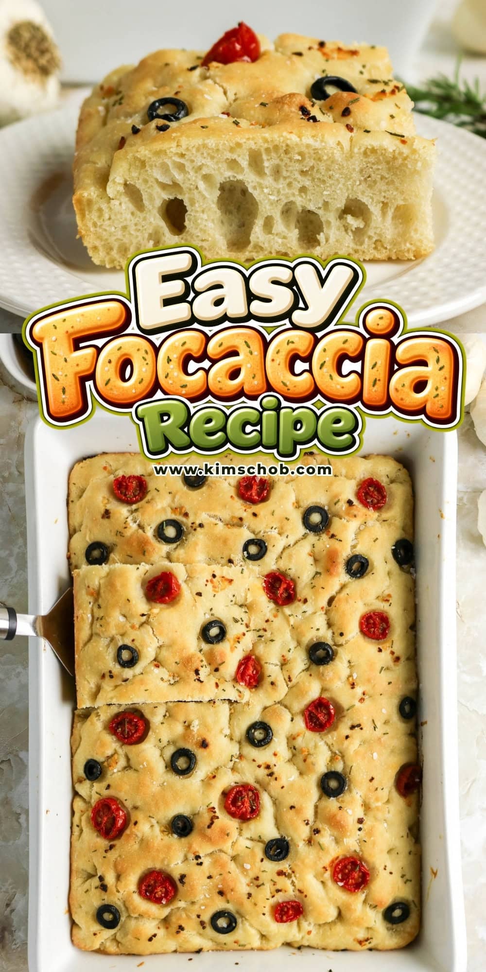 A tray of focaccia topped with olives and cherry tomatoes.