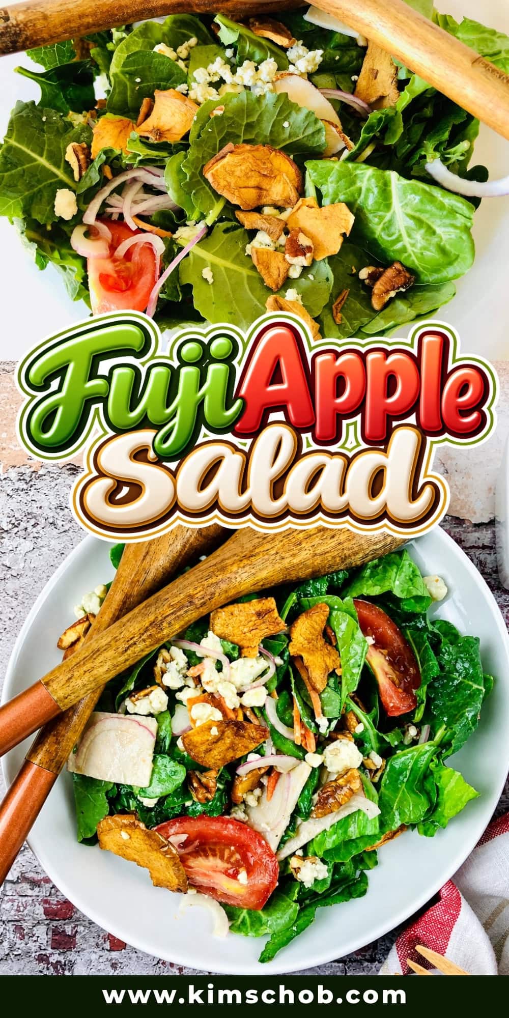 Fuji Apple Salad with greens, apples, pecans, and blue cheese in a white bowl.