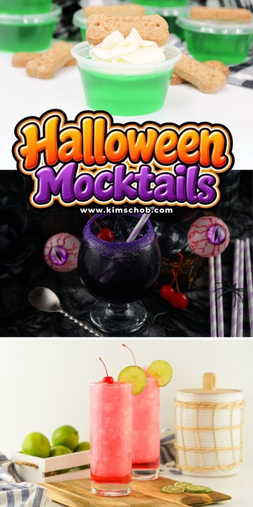 Halloween mocktails: green jelly cups, a dark purple drink, and pink slushies.