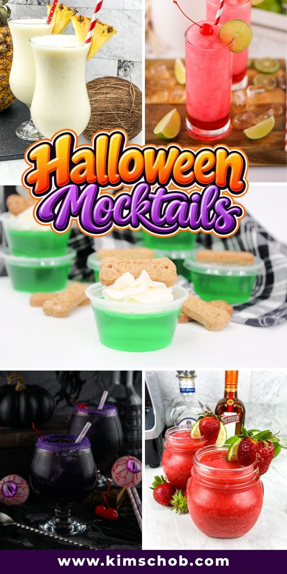 various Halloween-themed mocktails and gelatin treats.