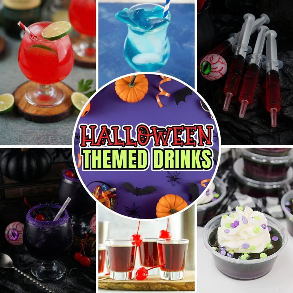 Various Halloween-themed cocktails, drinks, and desserts.