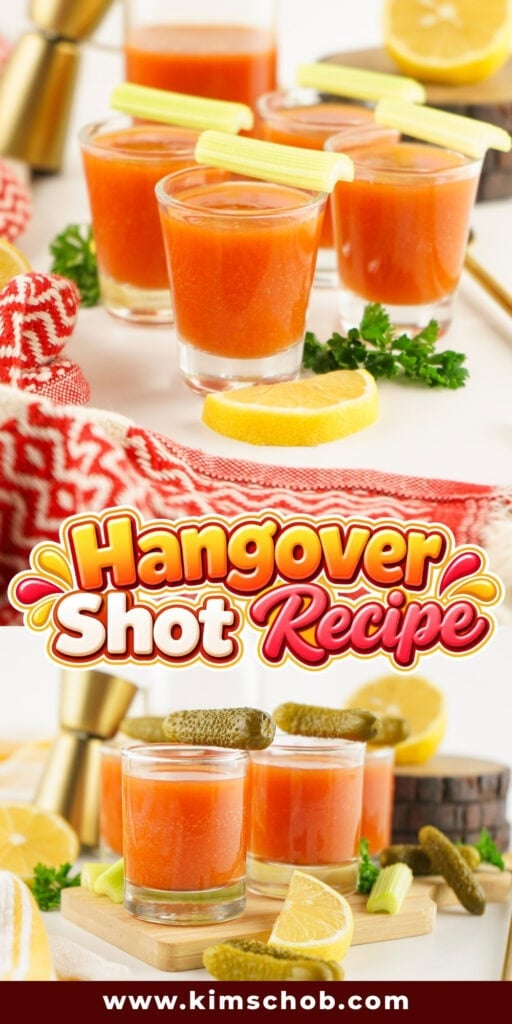Glass shots of tomato-based drinks garnished with celery or pickles.