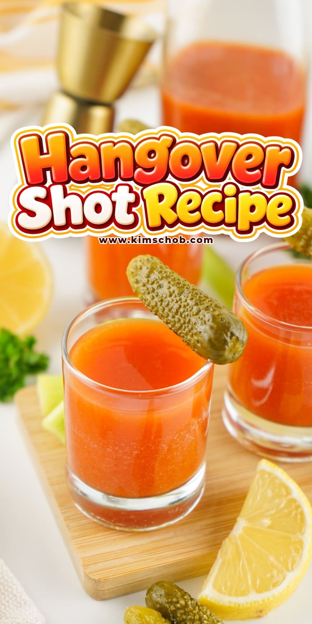 Hangover shots garnished with pickles and lemon wedges.