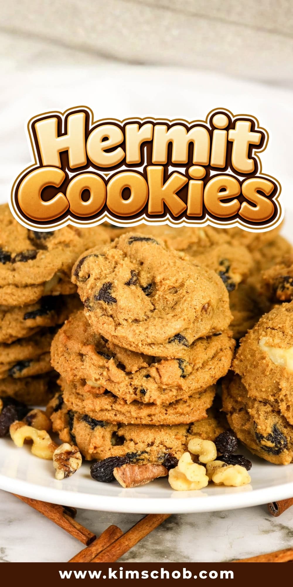 Stack of Hermit cookies with raisins and walnuts on a white plate.
