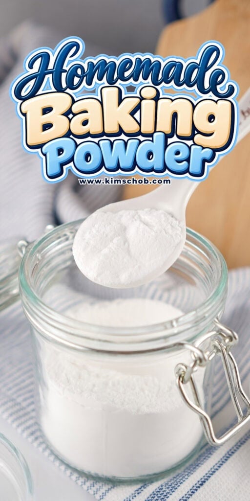 A spoonful of white baking powder held over a glass jar.