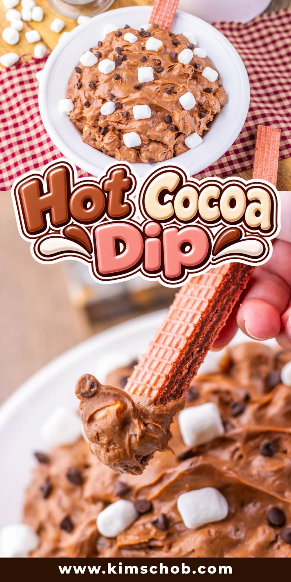 Bowl of hot cocoa dip with marshmallows, being scooped by a wafer cookie.