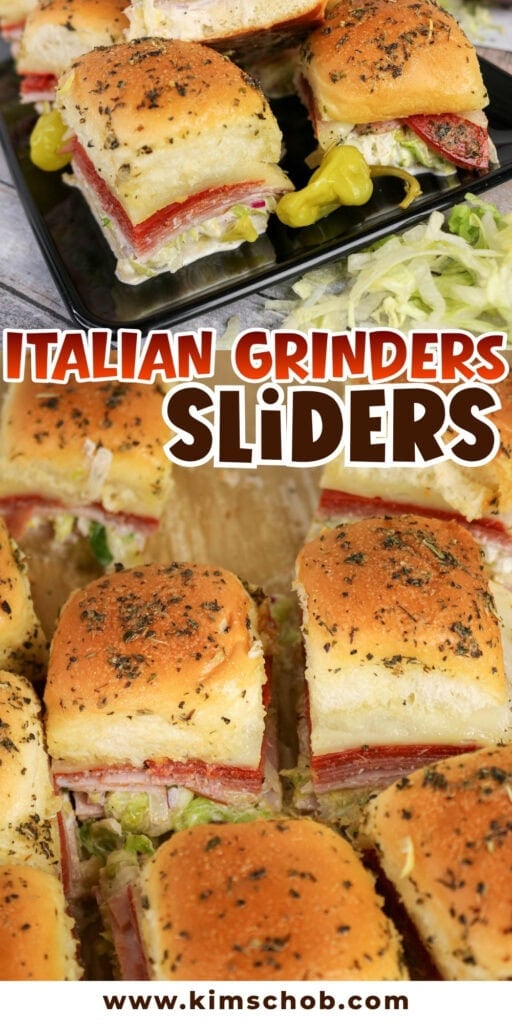 Mini Italian grinder sliders on a tray and table, topped with herbs and cheese.