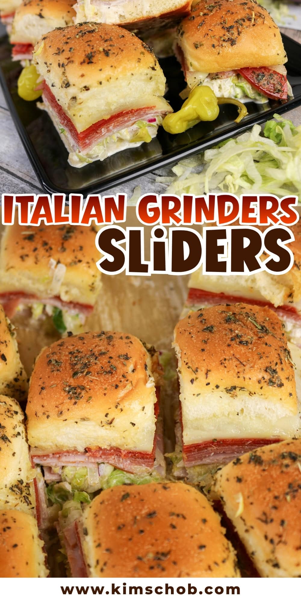 Mini Italian grinder sliders on a tray and table, topped with herbs and cheese.