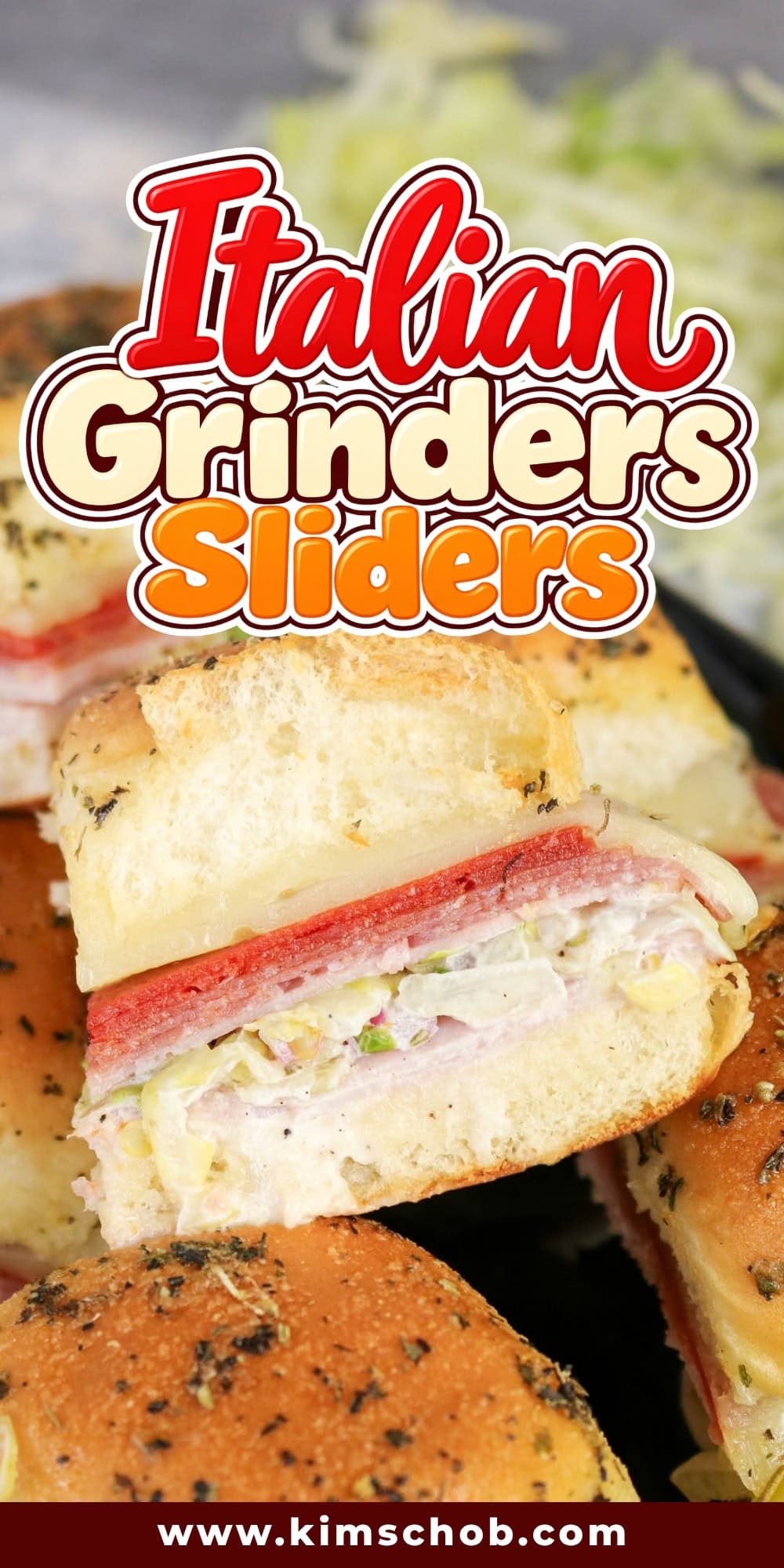 Mini Italian grinders stacked, showing meat, cheese, and lettuce fillings.