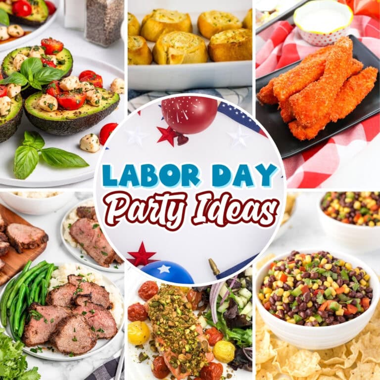 Labor Day party ideas: a collage of steak, avocado salad, and bean dip.