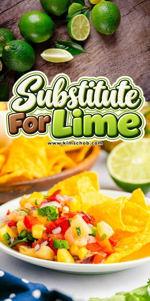Lime above a plate of salsa and tortilla chips.