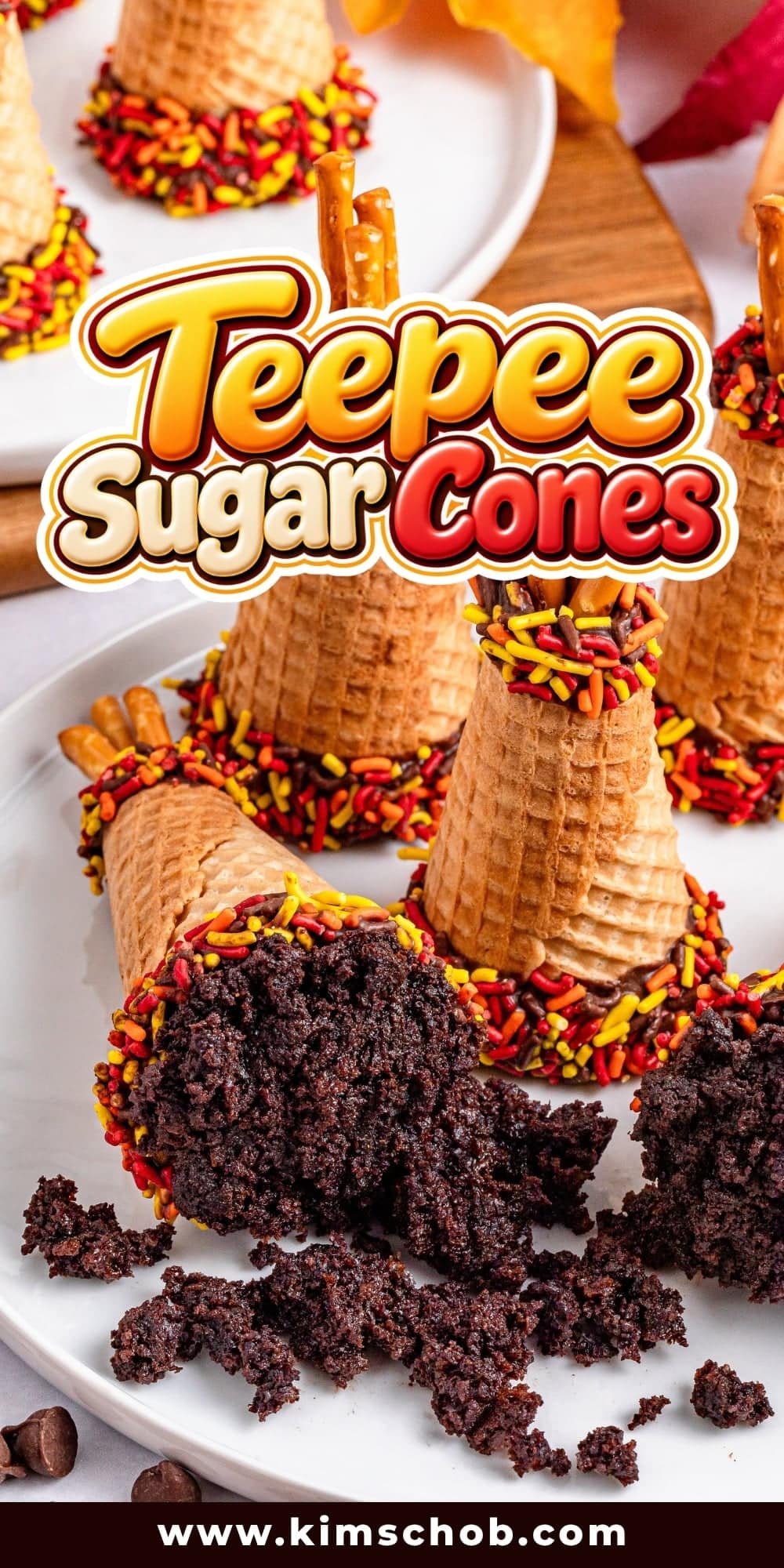 Sugar cones filled with chocolate cake, dipped in sprinkles and pretzel sticks.