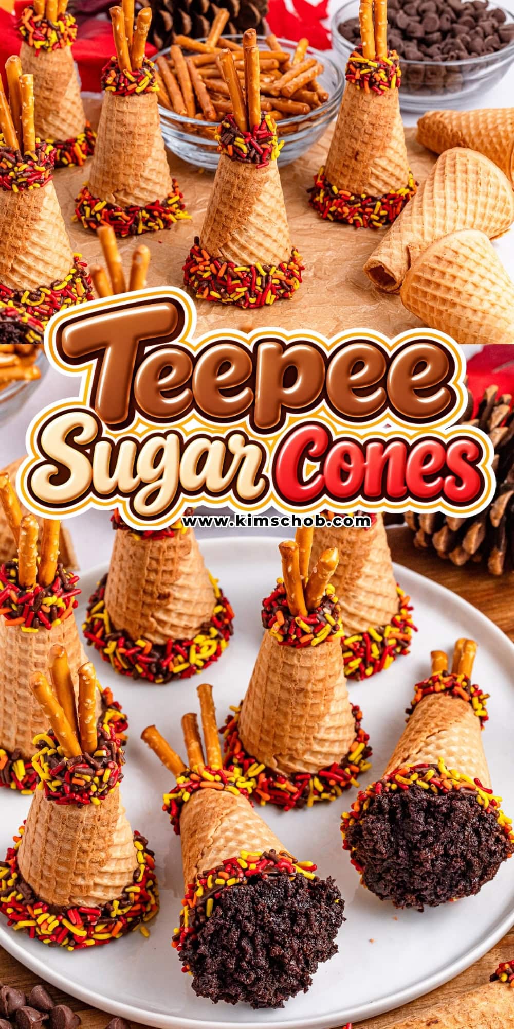 Sugar cone teepee treats decorated with sprinkles and pretzel sticks.