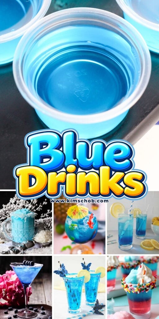 Various blue-colored cocktails and gelatin shots.