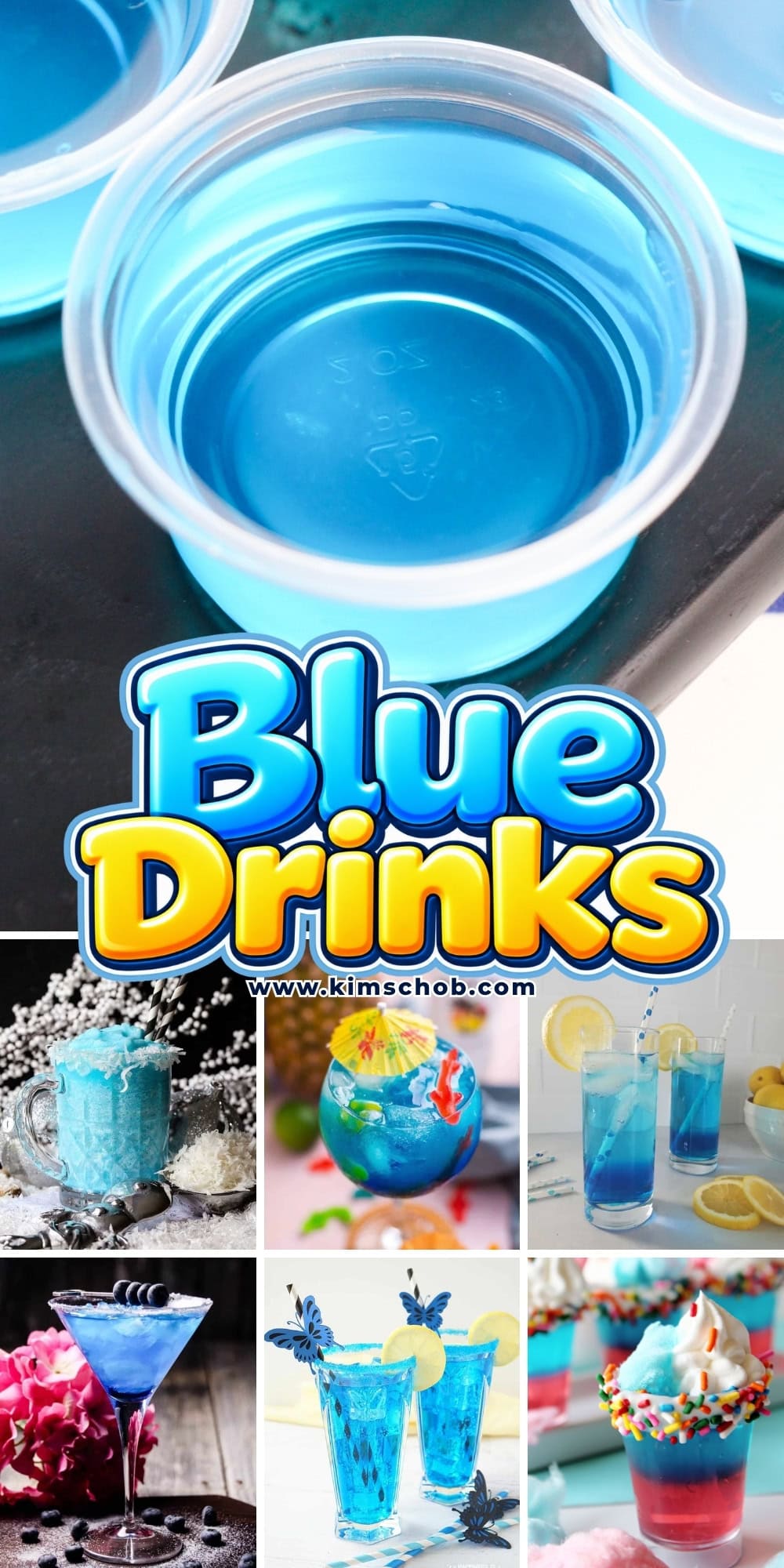 Various blue-colored cocktails and gelatin shots.
