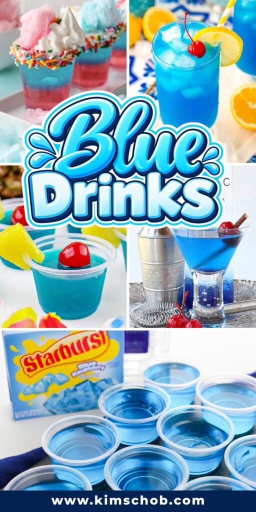 Various blue-colored cocktails, shooters, and gelatin cups.