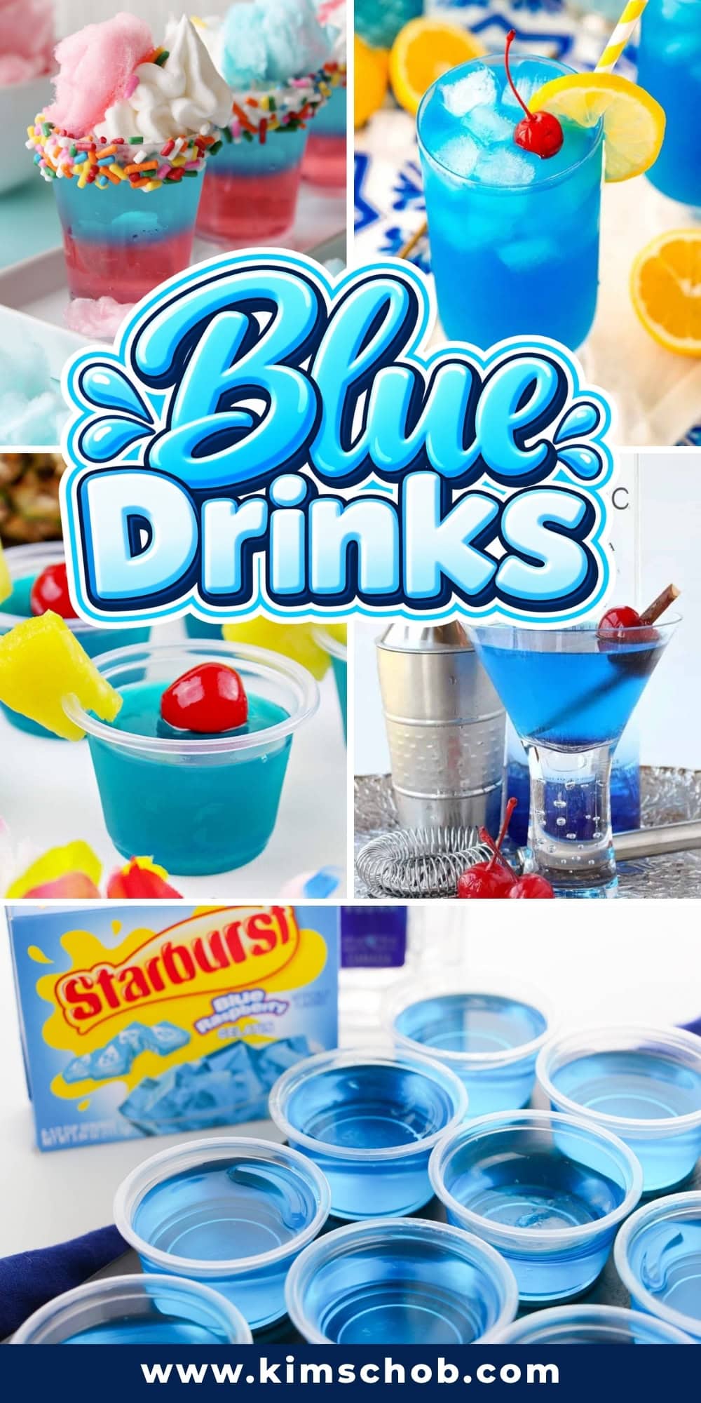 Various blue-colored cocktails, shooters, and gelatin cups.