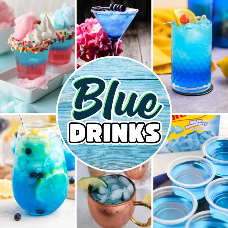 Various blue-colored cocktails and desserts.